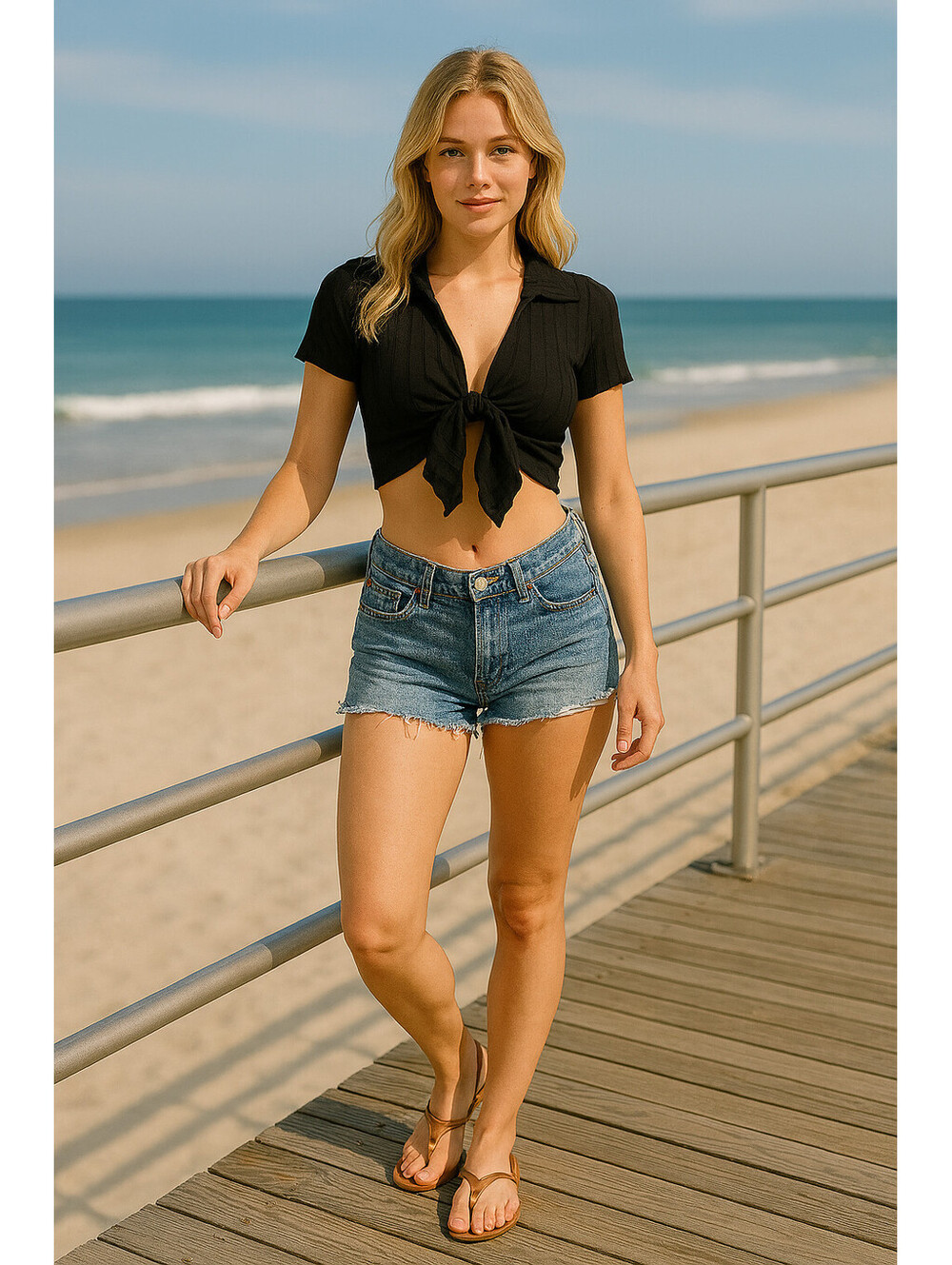 Shein Women Medium Black Knit Tie Front Top Ribbed Sexy Cropped